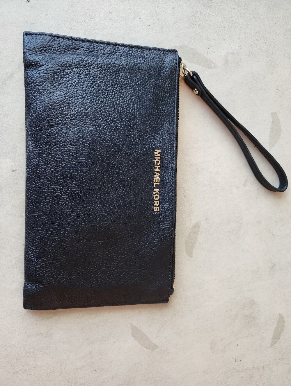 Michael Kors Black Pebbled Leather Wristlet with Gold Logo